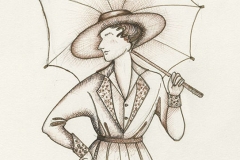 Image of female character in dress illustrating the rise of hemlines following the outbreak of World War I, representative of c. 1918 styles.
