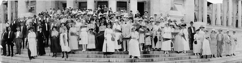 Women's Suffrage Delegation on the steps of the State Capitol with Governor Charles Brough, 1917.