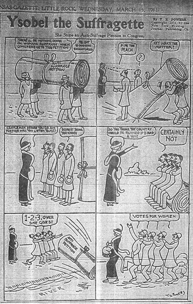 Image of Ysobel the Suffragette political cartoon entitled "She Stops an Anti-Suffrage Petition to Congress," by T.E. Powers, Arkansas Gazette, March 15, 1911. Copyright, 1911, by the New York Evening Journal Publishing Co.