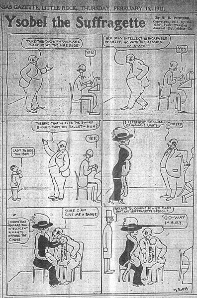 Image of Ysobel the Suffragette political cartoon by T.E. Powers, Arkansas Gazette, February 16, 1911. Copyright, 1911, by the New York Evening Journal Publishing Co.