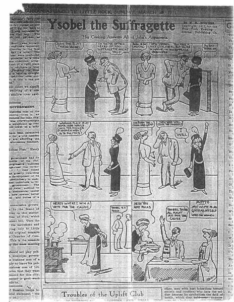 Image of Ysobel the Suffragette political cartoon entitled "Her Cooking Answers all of John's Arguments" by T.E. Powers, Arkansas Gazette, February 07, 1911. Copyright, 1911, by the New York Evening Journal Publishing Co.