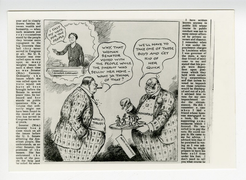 Image of political cartoon featuring Senator Hattie Caraway