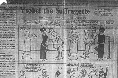 Image of Ysobel the Suffragette political cartoon entitled "Her Cooking Answers all of John's Arguments" by T.E. Powers, Arkansas Gazette, February 07, 1911. Copyright, 1911, by the New York Evening Journal Publishing Co.