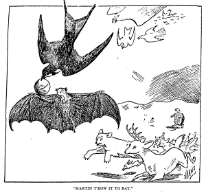 Illustration of with caption "Martin throw it to bat".