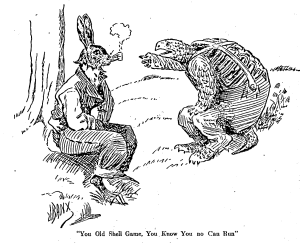 Illustration with caption "You old
                        shell game, you know you no can run".