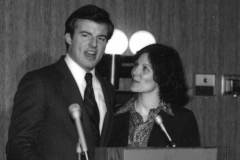Jim Guy Tucker speaking at podium, campaigning for U.S. Senate in Fort Smith