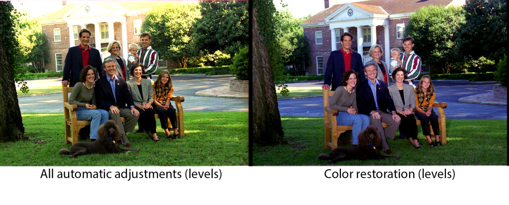 All automatic adjustments used (with levels also adjusted) versus color restoration only (with levels also adjusted)