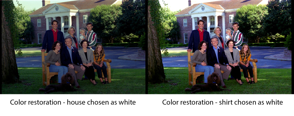 Color restoration with levels adjusted based on white in mansion (left) and white in shirt (right)
