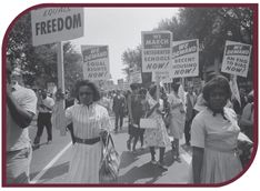 Black and white photograph of Black men and women marching with signs that read, "We march for integrated schools now!", "We demand decent housing now!", and "We demand an end to bias now!"