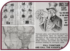 Black and white photograph collage of a 1849 eclectic primer, a WWI propaganda poster, and a 1815 map of the Louisiana Purchase