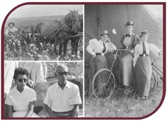 Black and white photograph collage of a farmer plowing a field, three women next to a bike, and Earnest Green and Elizabeth Eckhart during the Central High Crisis