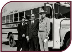 Black and white photograph of Rockefeller presenting a new school bus to the Morrilton school system