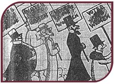 Clipping from Ysobel the Suffragette cartoon. Features men marching with Votes for Women signs