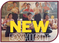 Color photograph of eight young Vietnamese women performing a fan dance in traditional costumes. Text on it reads, "New Exhibit"