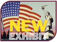 Color postcard featuring the Statue of Liberty and a large American flag before the New York cityscape. Text on the thumbnail reads, "New Exhibit"