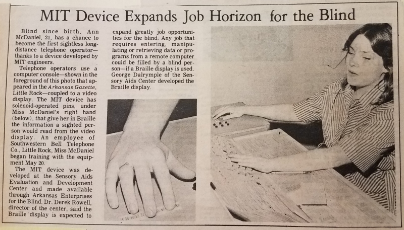 Newspaper article about the first blind long-distance telephone operator, MIT Tech Talk, 25 May 1977