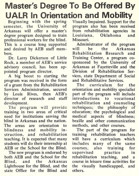 UALR-Orientation-and-Mobility-Program-Announcement-New-Life-Newsletter-December-1975