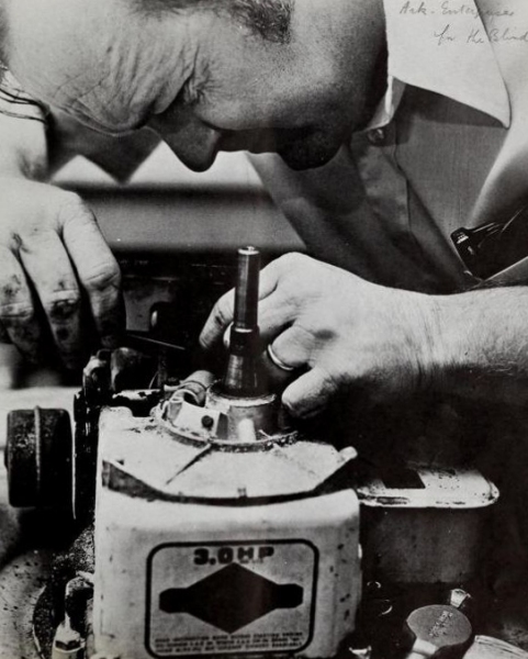 Trainee Pierre Curry works on a lawn mover engine in Small Engine Repair class, New Life magazine, November 1980