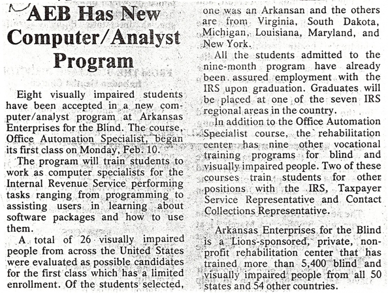 Newspaper clipping about AEB's new IRS computer analyst program, Ozark Journal, 20 February 1986
