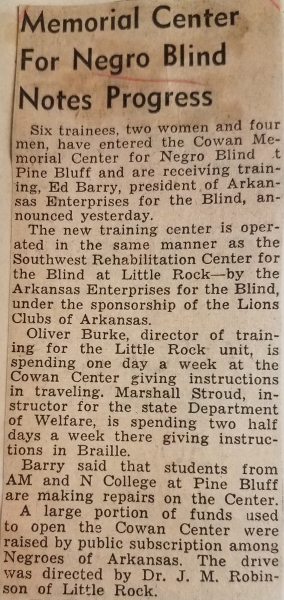 Newspaper clipping titled, "Memorial Center for Negro Blind Notes Progress," Arkansas Gazette, 8 February 1953