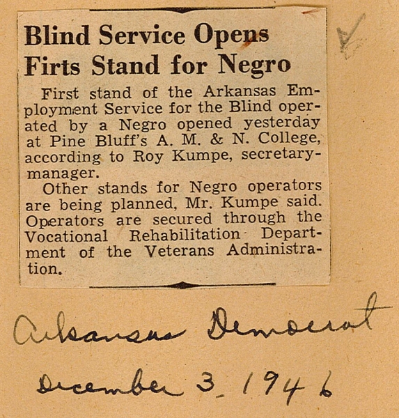 Newspaper clipping titled, "Blind Service Opens First Stand for Negro," Arkansas Democrat, 3 December 1946