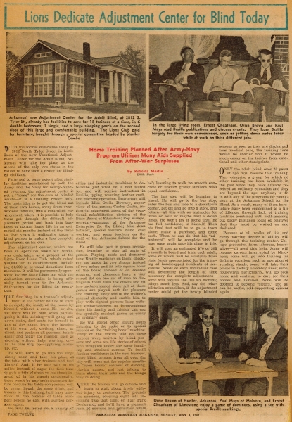 Newspaper clipping titled "Lions Dedicate Adjustment Center for Blind Today," Arkansas Democrat Magazine,  4 May 1947