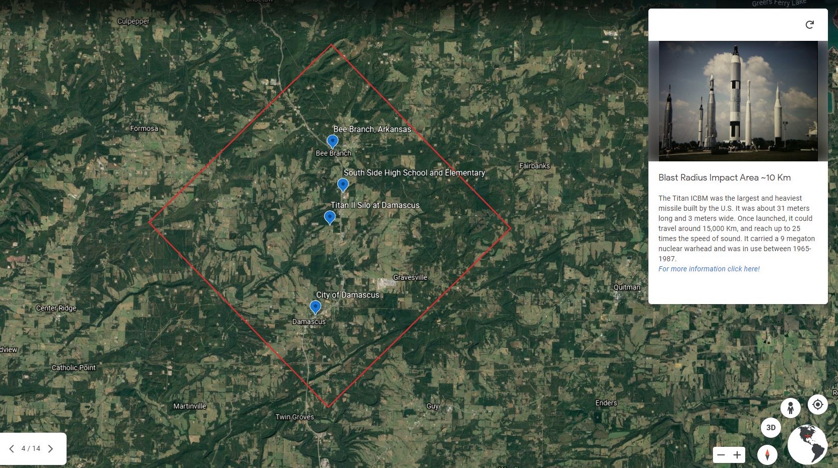 Screenshot of a Google Earth tour showing the Titan II blast radius in Arkansas had the warhead gone off