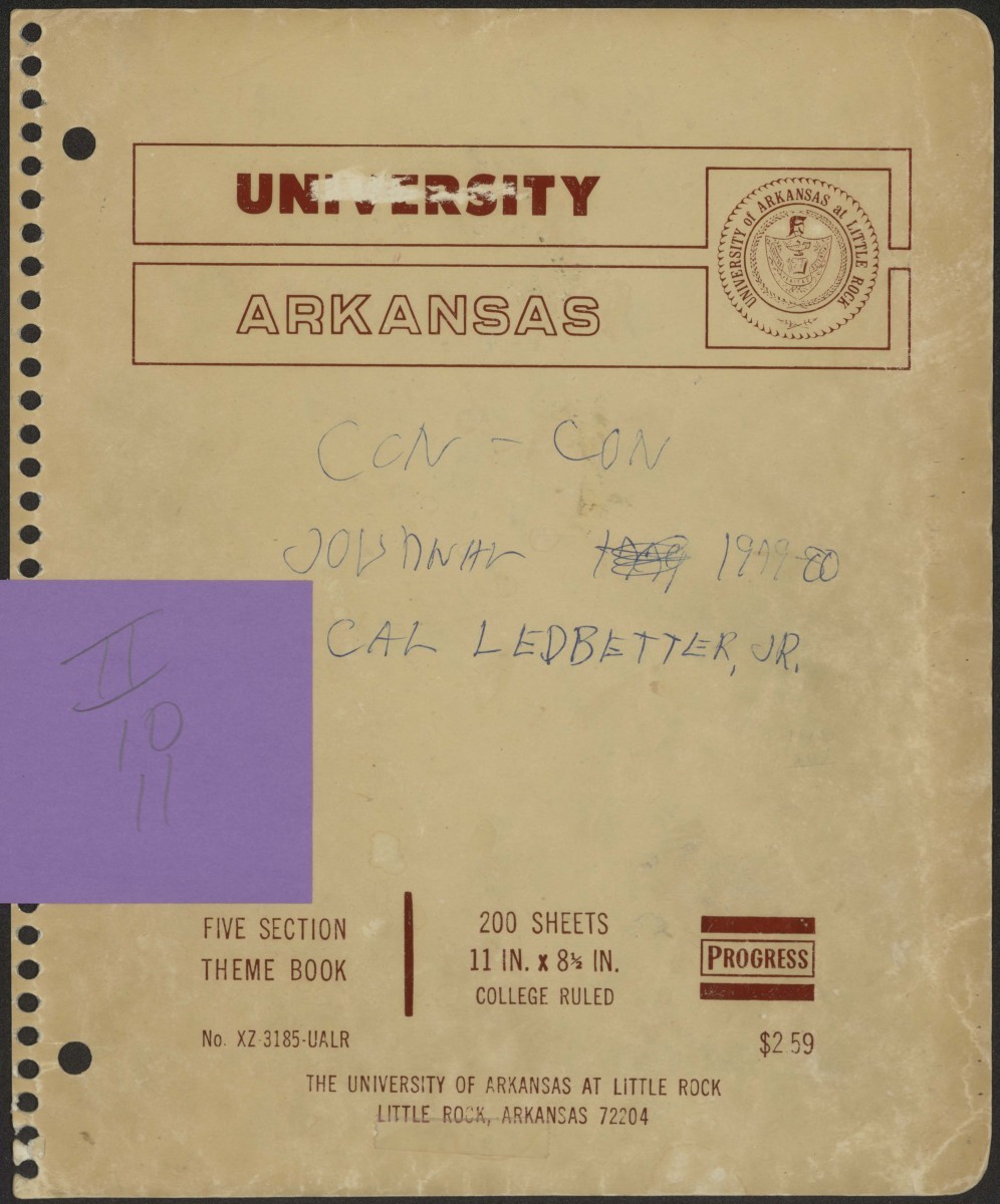 The front cover of Cal Ledbetter's Convention Journal. It is a University of Arkansas spiral notebook with "Con-Con Journal 1979-80, Cal Ledbetter, Jr." written in blue pen on the front.