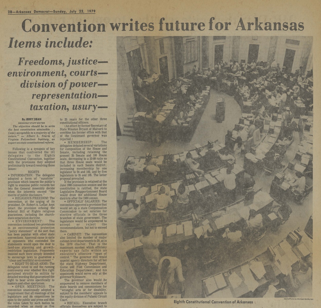 Newspaper clipping titled "Convention writes future for Arkansas. Items include: Freedoms, justice-environment, courts-division of power-representation-taxation, usury-"