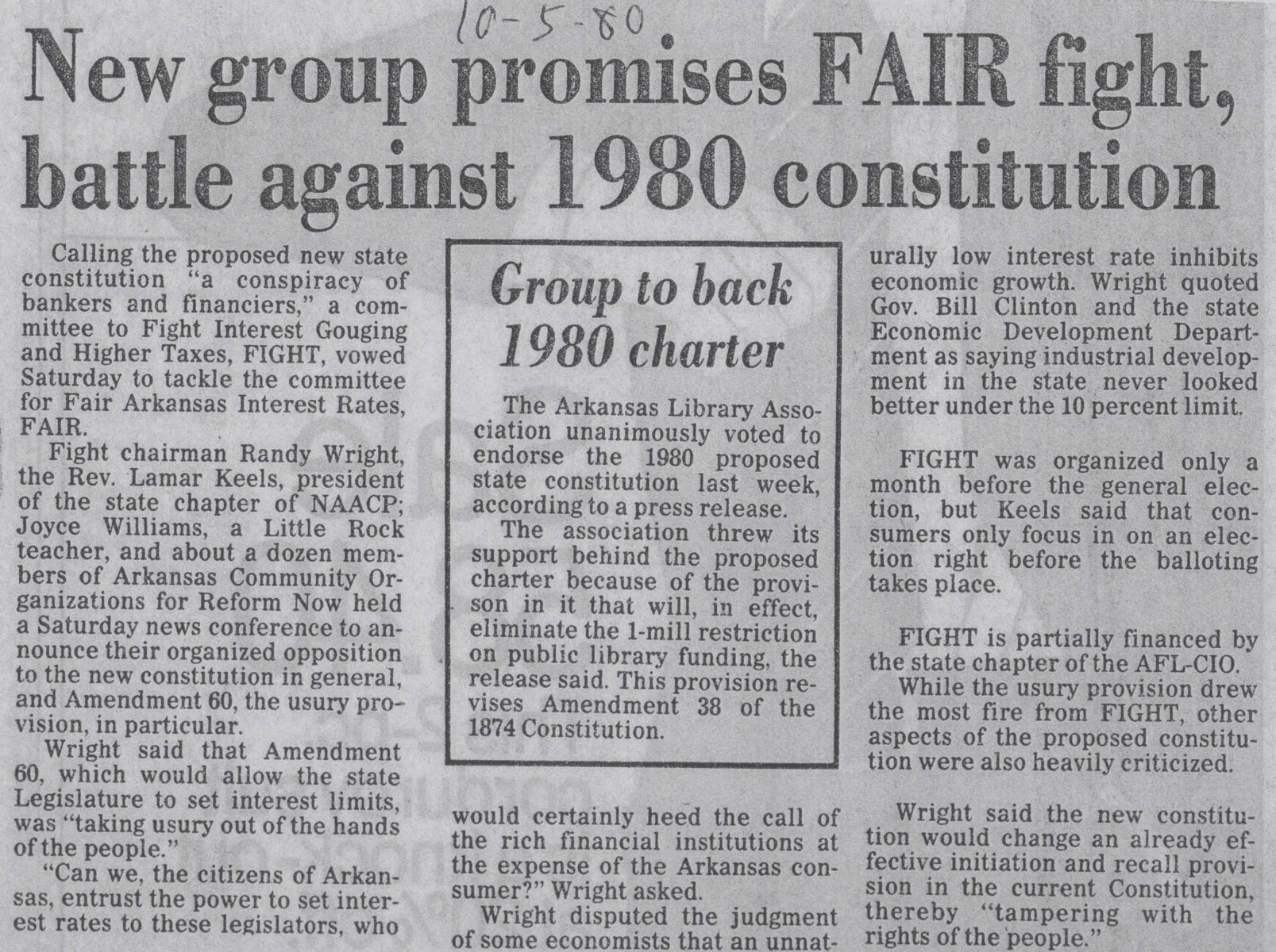 Newspaper clipping titled "New group promises FAIR fight, battle against 1980 constitution"