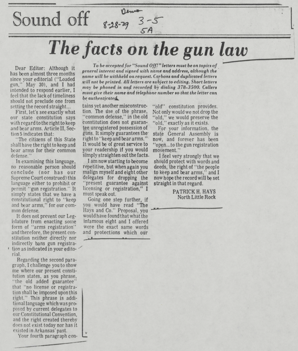 Arkansas Democrat Sound Off article titled "Sound Off: The facts on the gun law." Dated August 28, 1979.