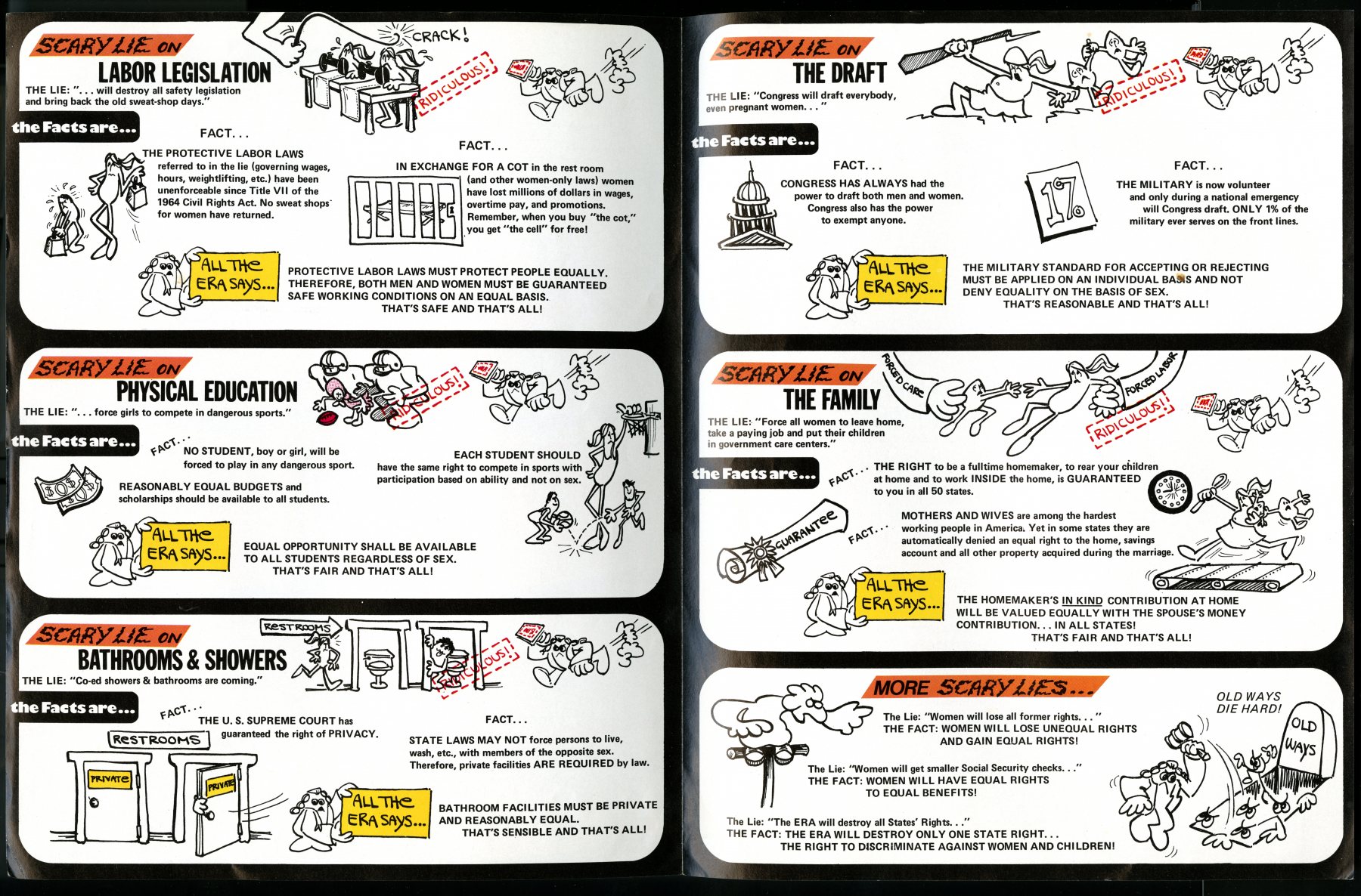 Illustrative pamphlet that shares the scary lies and facts about the ERA on labor legislation, physical education, bathrooms and showers, the draft, and the family.