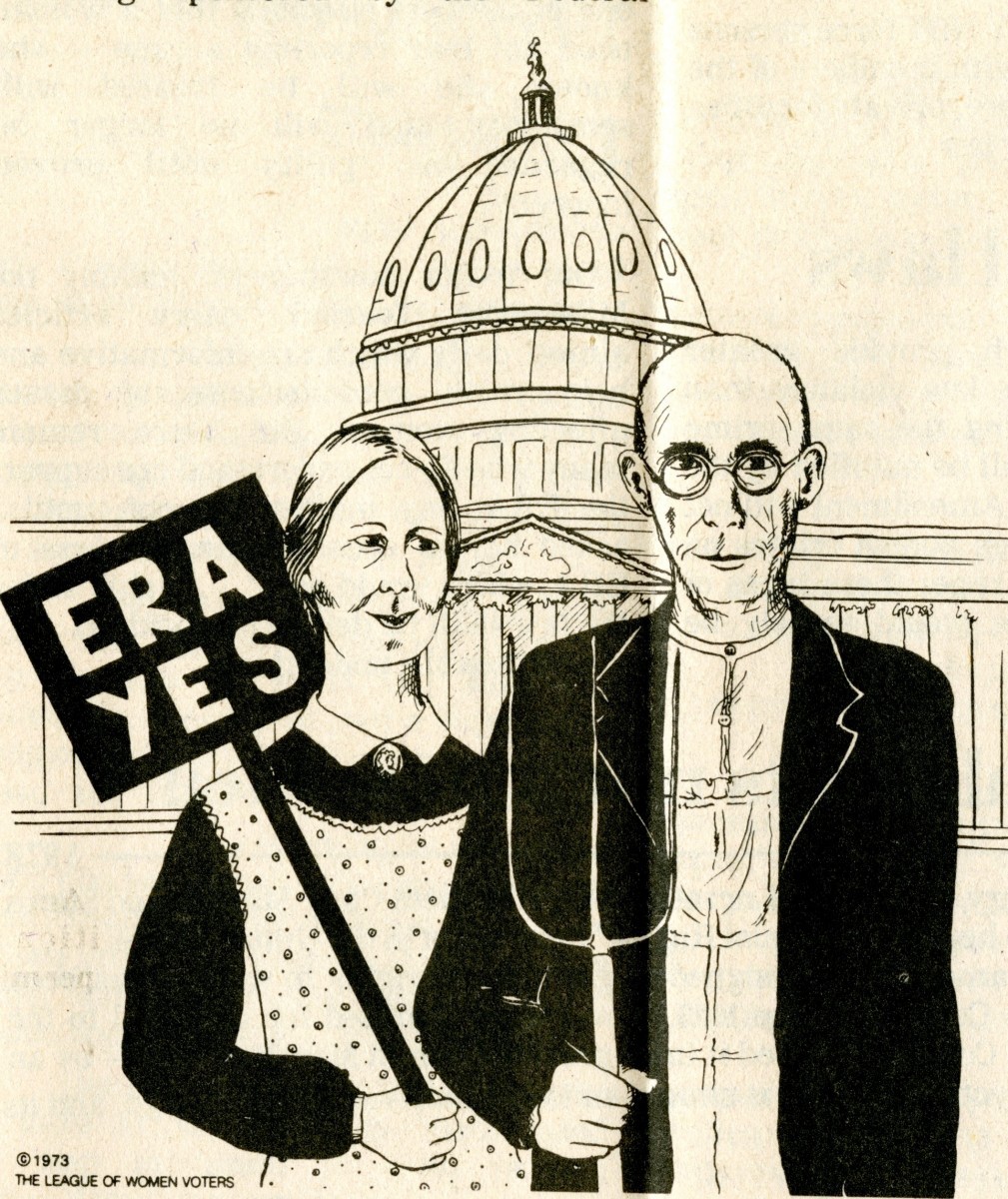A cartoon of a farmer and his daughter, resembling the pair in the American Gothic painting, stand smiling in front of the White House. The farmer holds a pitchfork, and the woman hold a "ERA YES" sign.