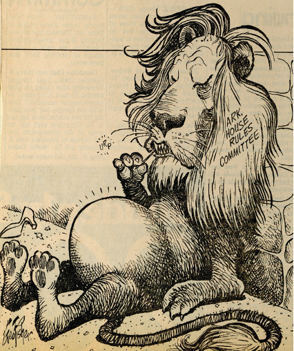 A political cartoon of a lion representing the Arkansas House Rules Committee. He reclines against a wall, picks his teeth with a toothpick, and burps. His belly bulges from eating a large meal. Next to the lion lies a high heeled shoe.